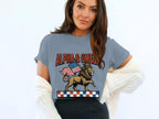 Lion with American flag and crown, wearing "ALPHA & OMEGA" shirt.