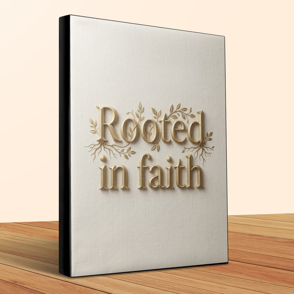 "Rooted in faith" embossed on a light-colored book cover.