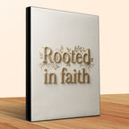 "Rooted in faith" embossed on a light-colored book cover.