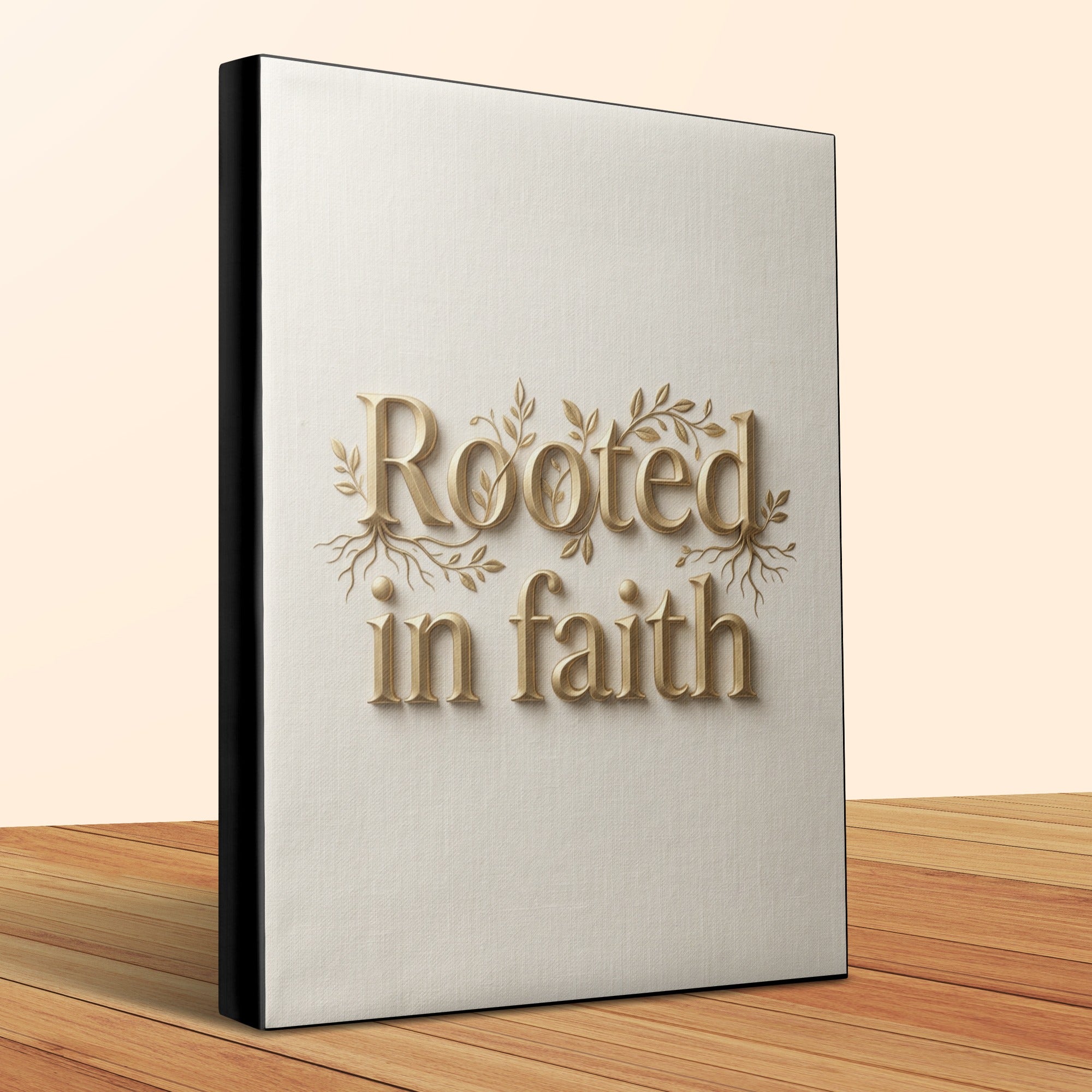 "Rooted in faith" embossed on a light-colored book cover.