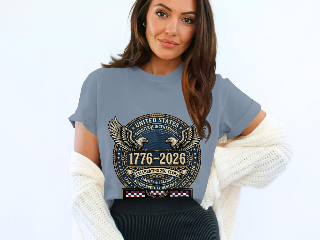 T-shirt with "United States Quarterquincentennial" celebrating 250 years.