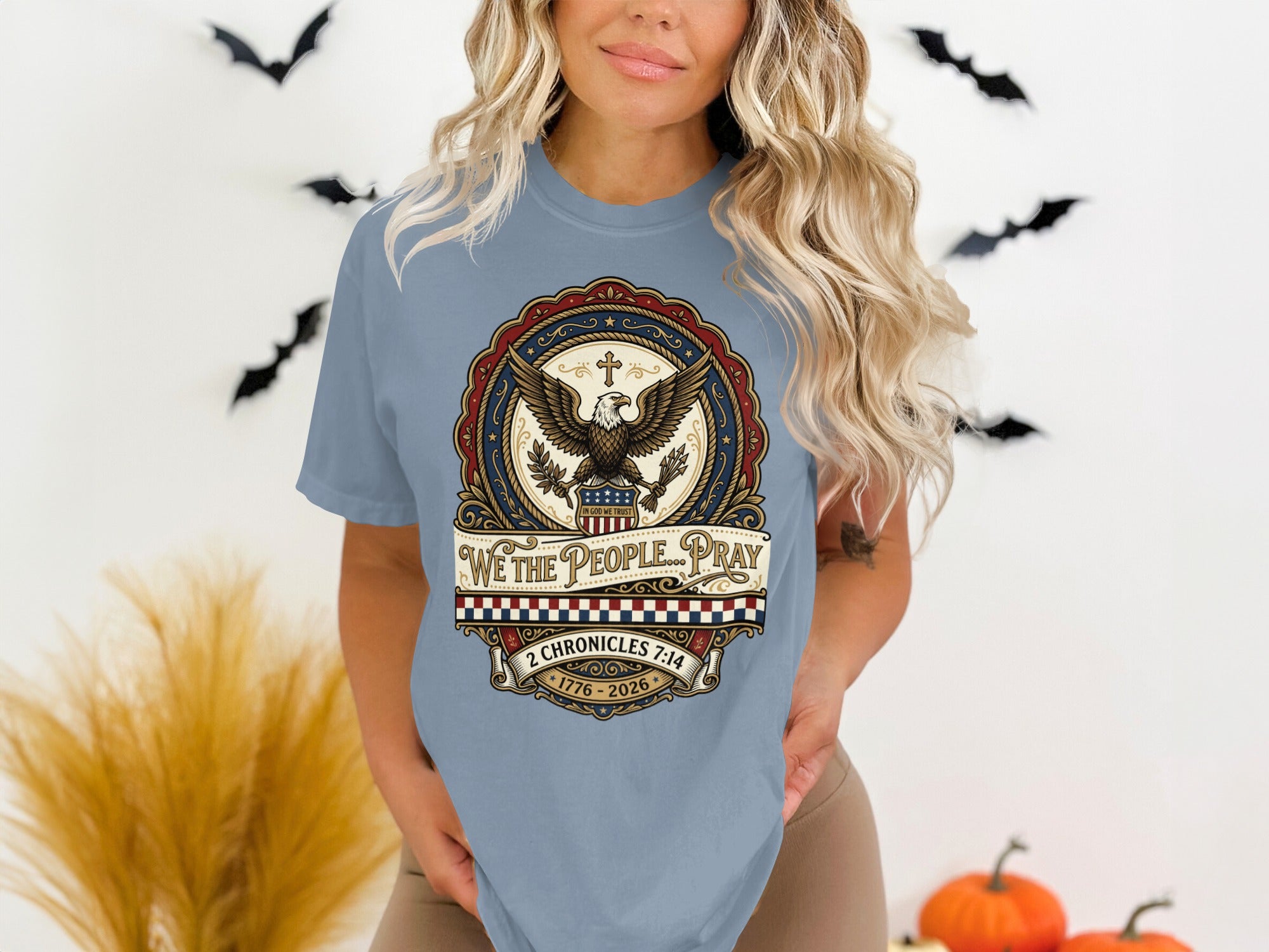 T-shirt with eagle emblem, "We The People Pray," and Bible verse.