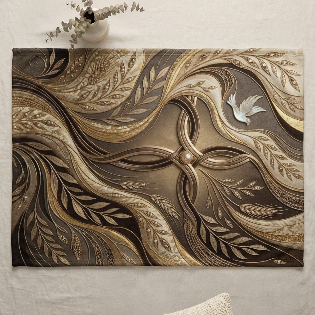 Ornate woven placemat with ornate scrollwork and a dove.