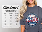 Comfort Colors 1717 heavyweight adult tee size chart with USA 250 semiquincentennial graphic.