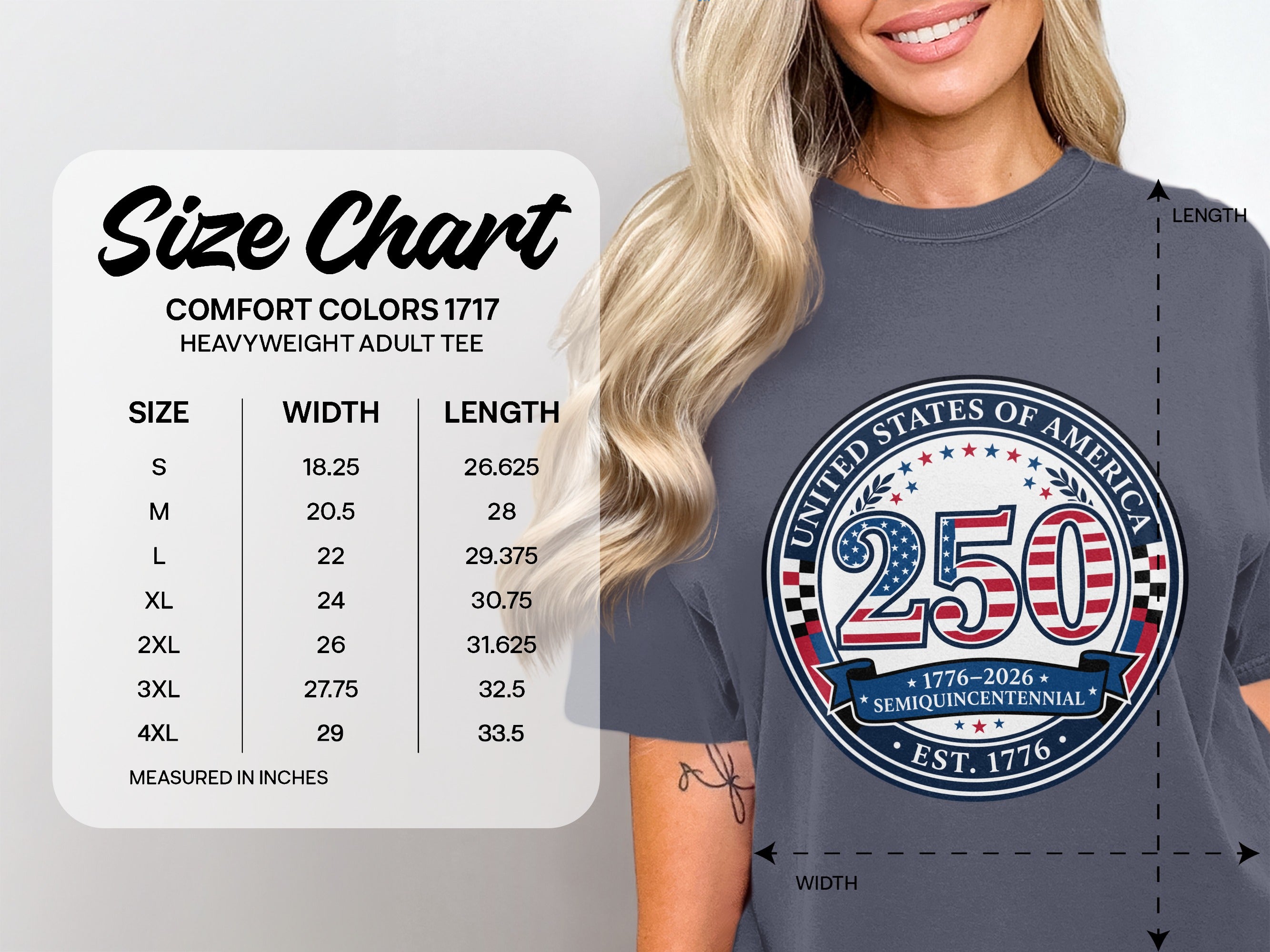 Comfort Colors 1717 heavyweight adult tee size chart with USA 250 semiquincentennial graphic.