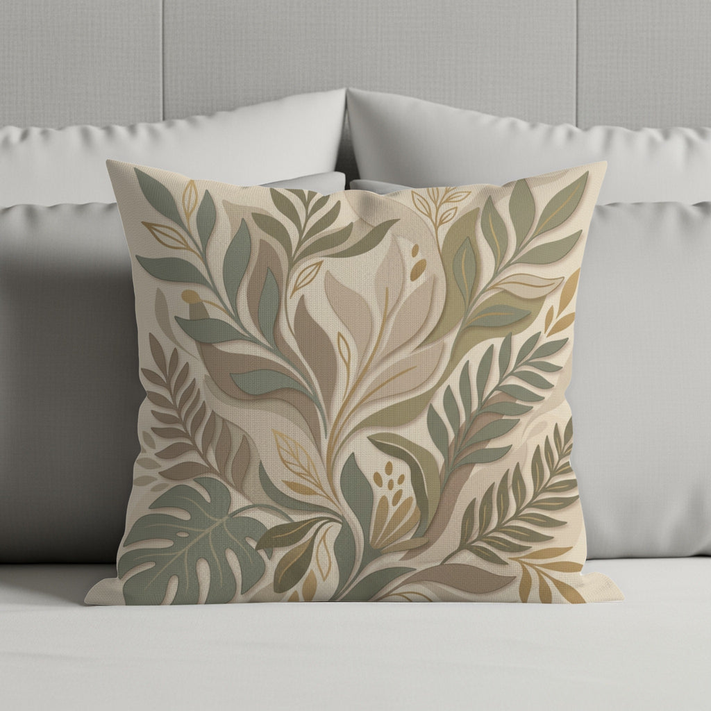 Decorative throw pillow with a muted botanical leaf pattern on a bed.