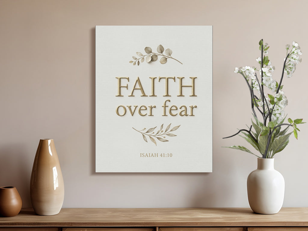 Canvas wall art with "FAITH over FEAR" and "ISAIAH 41:10".