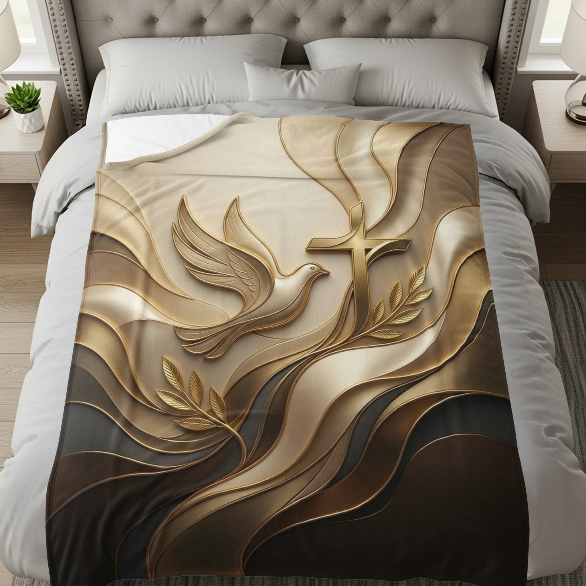 Gold dove and cross with olive branches on a textured beige and brown blanket.