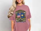 Pink t-shirt with Pinay & Patriotic, Fil-Am Freedom Celebration 4th of July graphic.