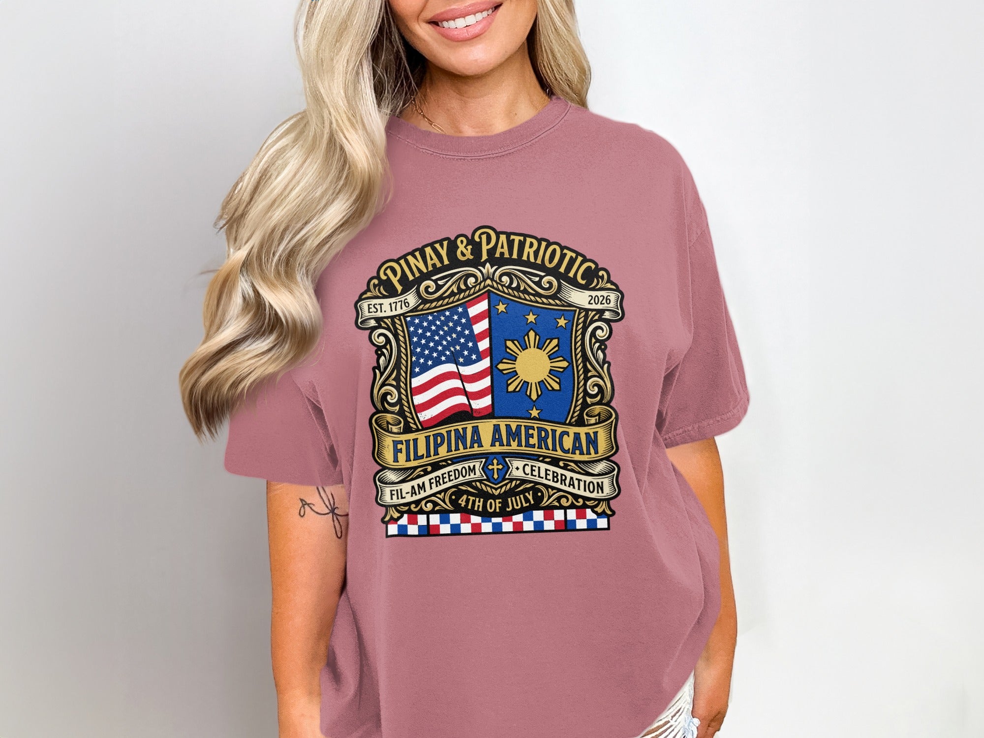 Pink t-shirt with Pinay & Patriotic, Fil-Am Freedom Celebration 4th of July graphic.