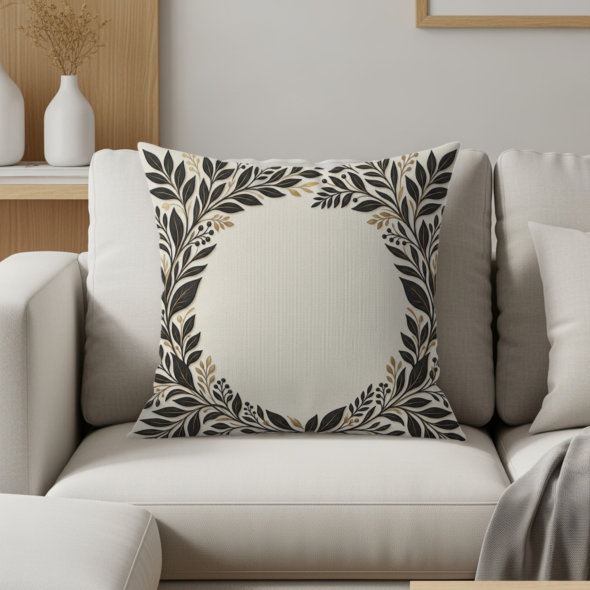 Square pillow with a decorative floral border on a couch.