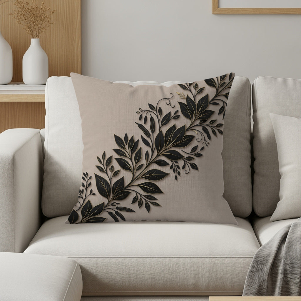 Beige decorative pillow with black floral vine design on a sofa.