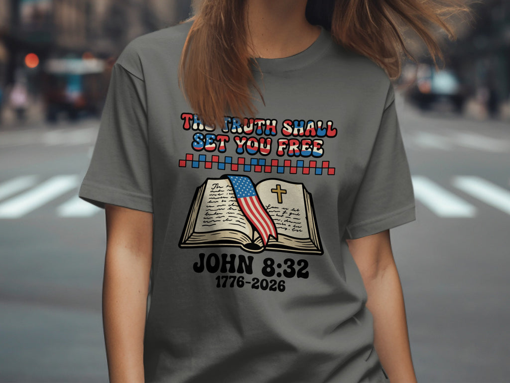 Gray t-shirt with open book, US flag, and John 8:32.