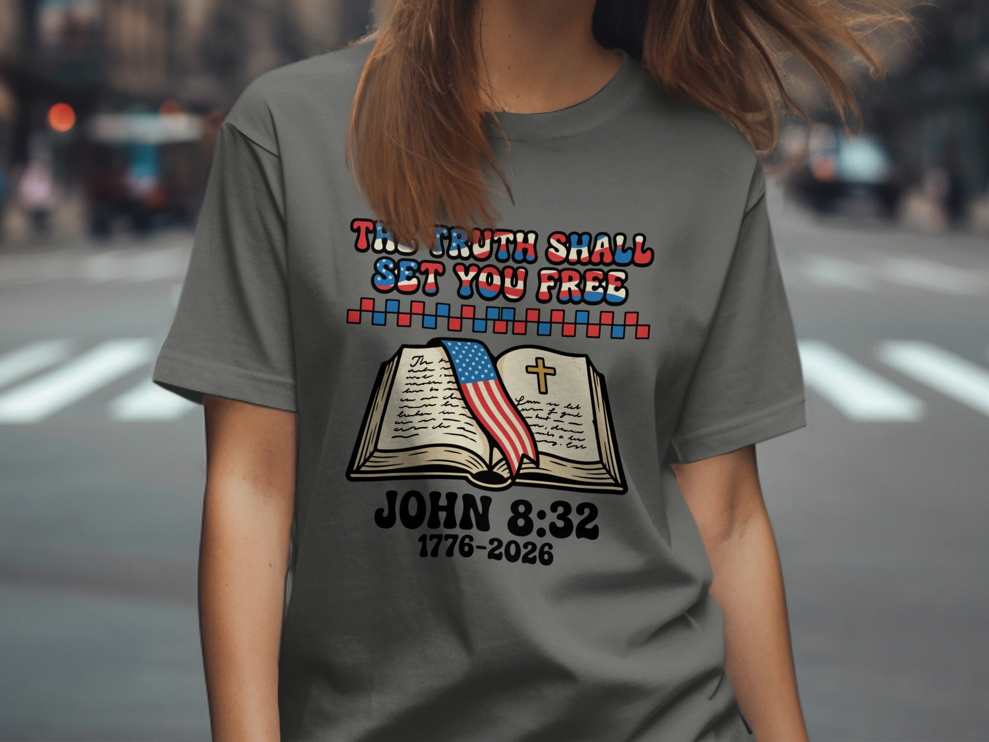 Gray t-shirt with open book, US flag, and John 8:32.