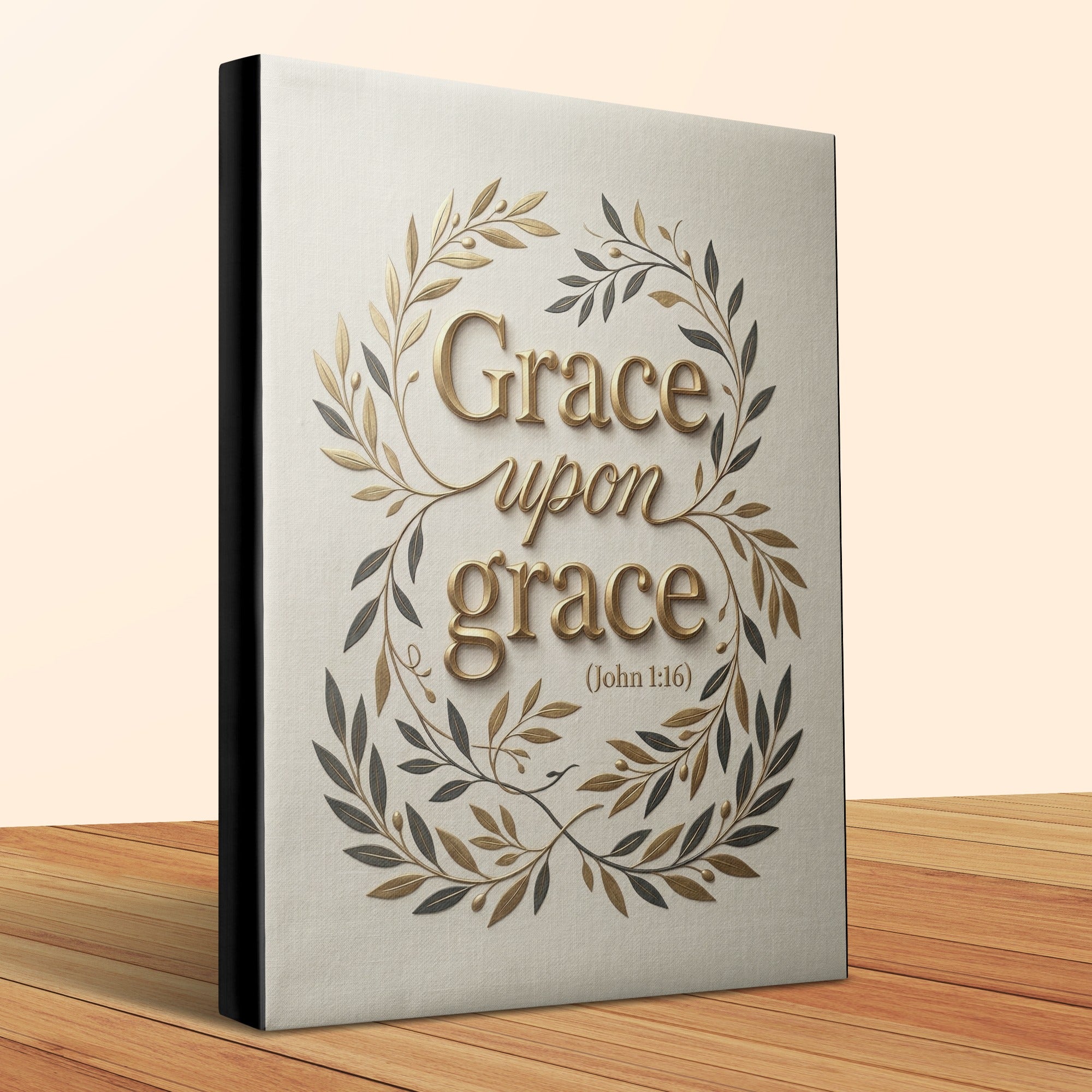 Journal with "Grace upon Grace (John 1:16)" text and gold leaf wreath.