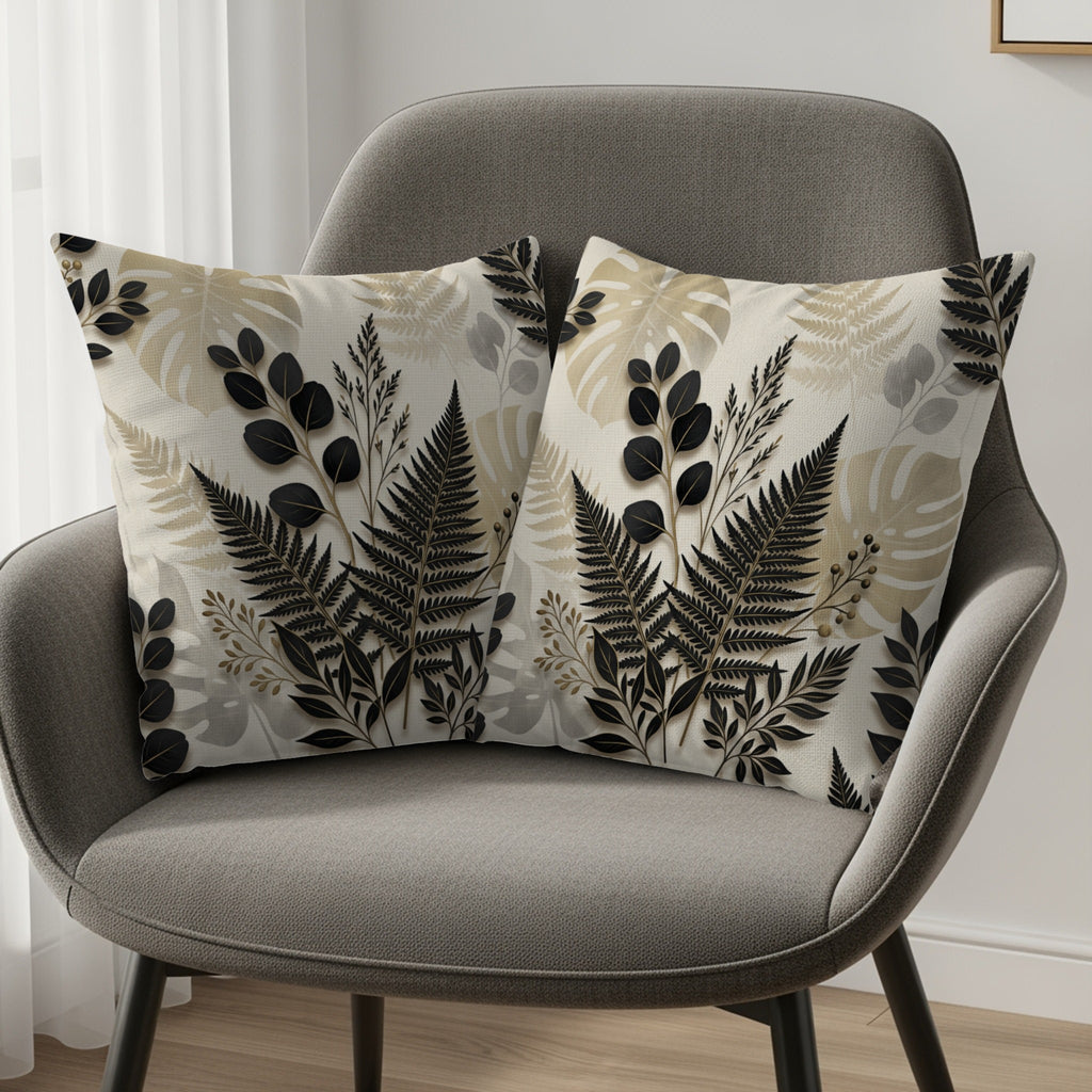 Two decorative throw pillows with black and beige fern and leaf patterns on a grey armchair.
