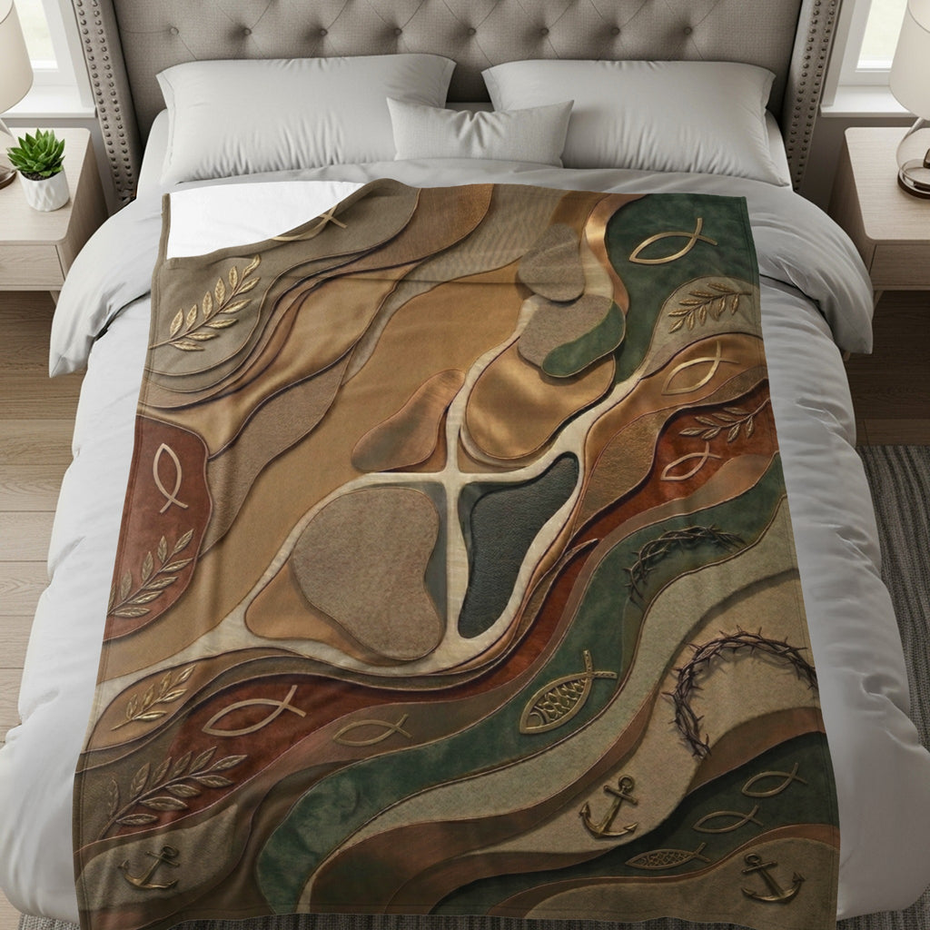Blanket with religious symbols including crosses, fish, anchors, and olive branches.