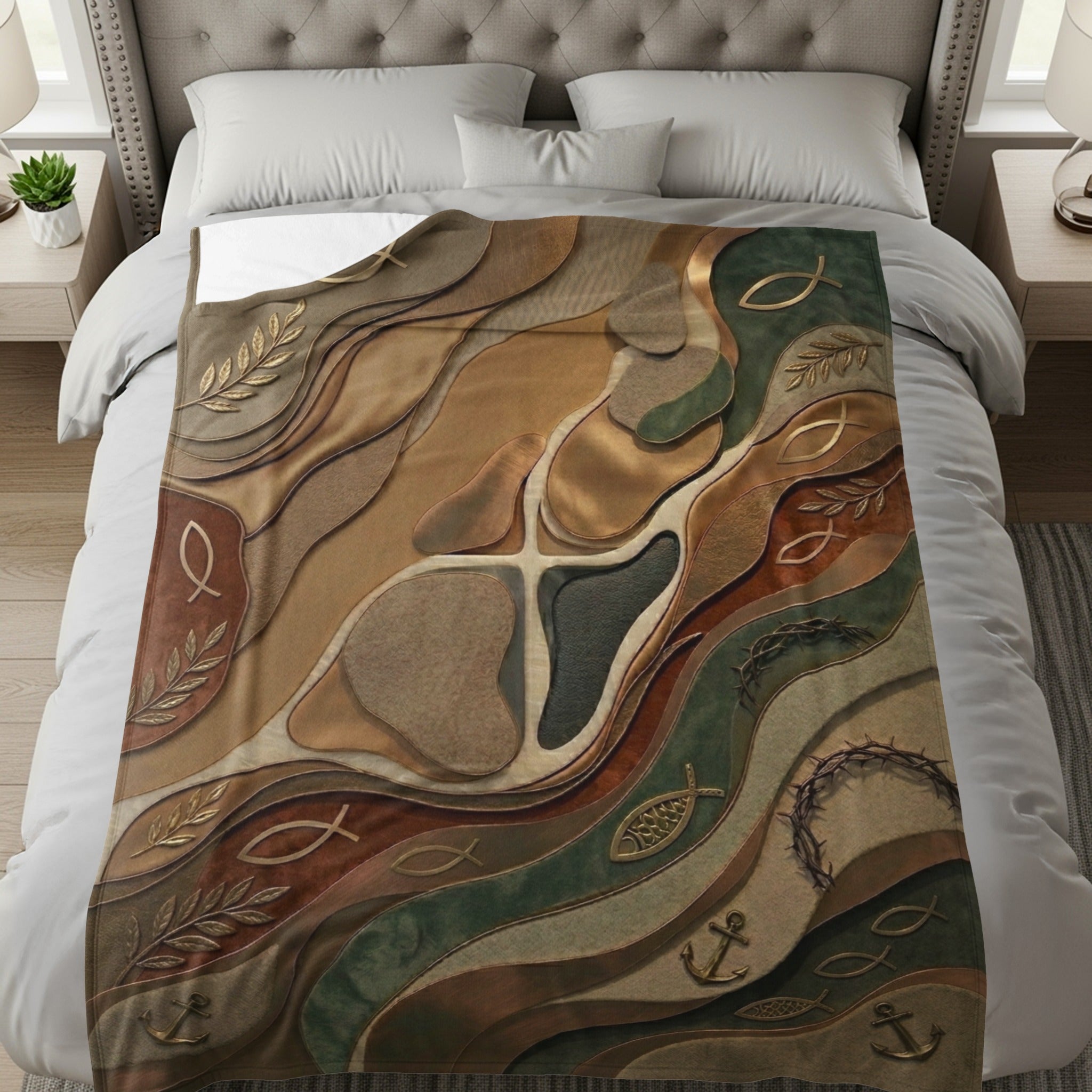 Blanket with religious symbols including crosses, fish, anchors, and olive branches.
