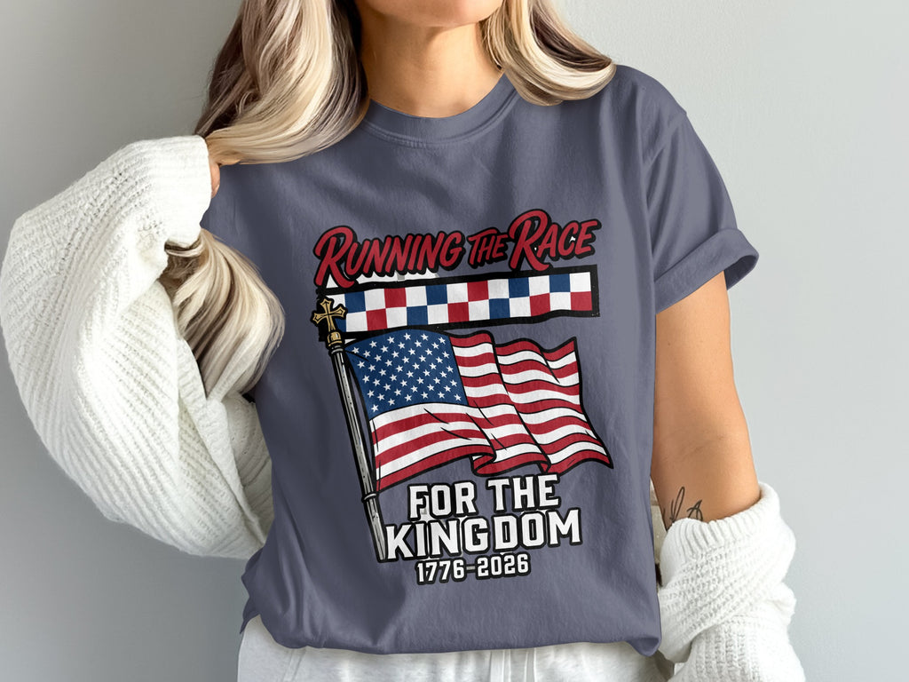 Dark gray t-shirt with American flag, checkered banner, and text "Running the Race for the Kingdom".