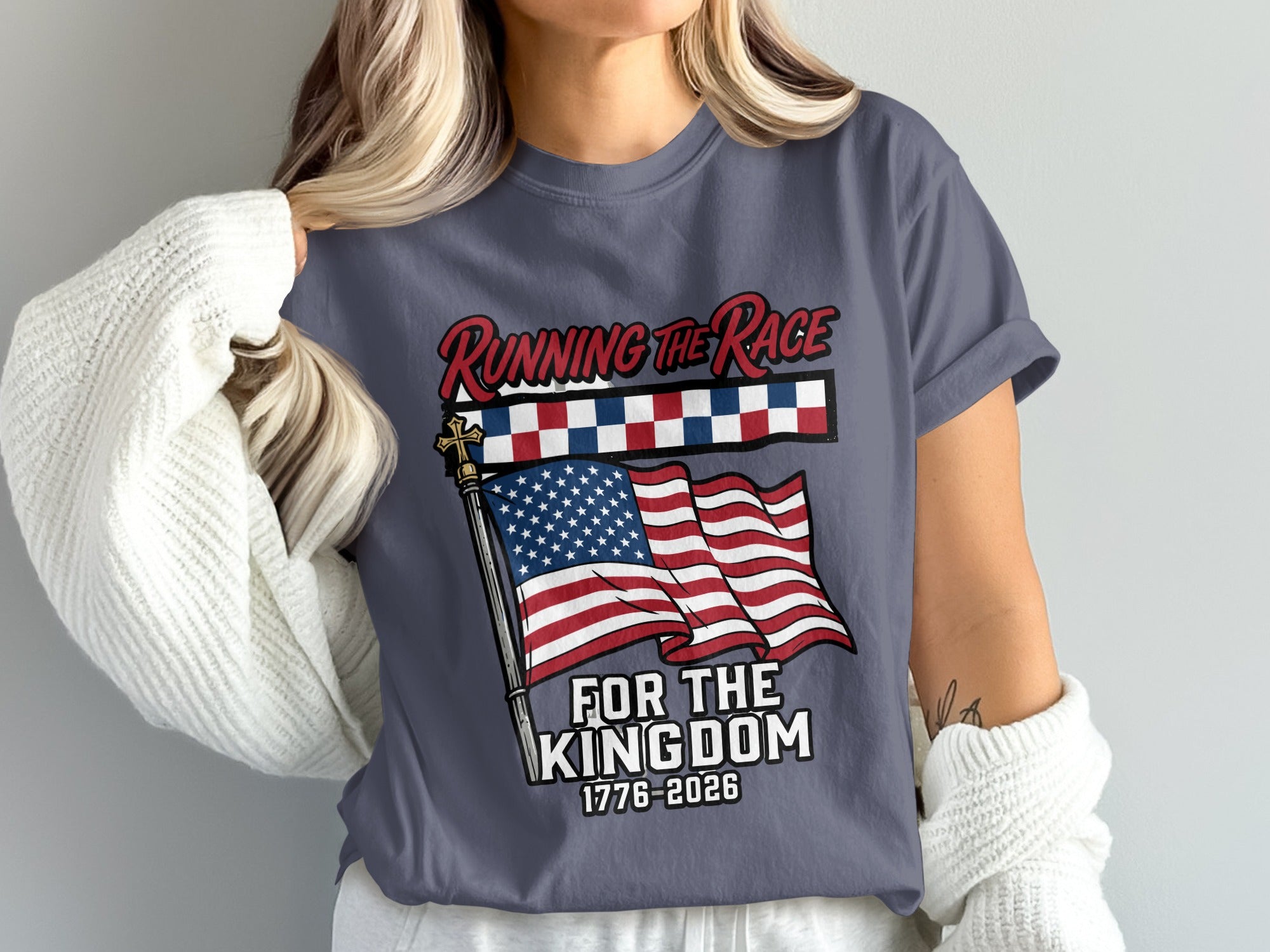 Dark gray t-shirt with American flag, checkered banner, and text "Running the Race for the Kingdom".