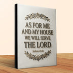 Canvas wall art with "As for me and my house we will serve the Lord" quote.