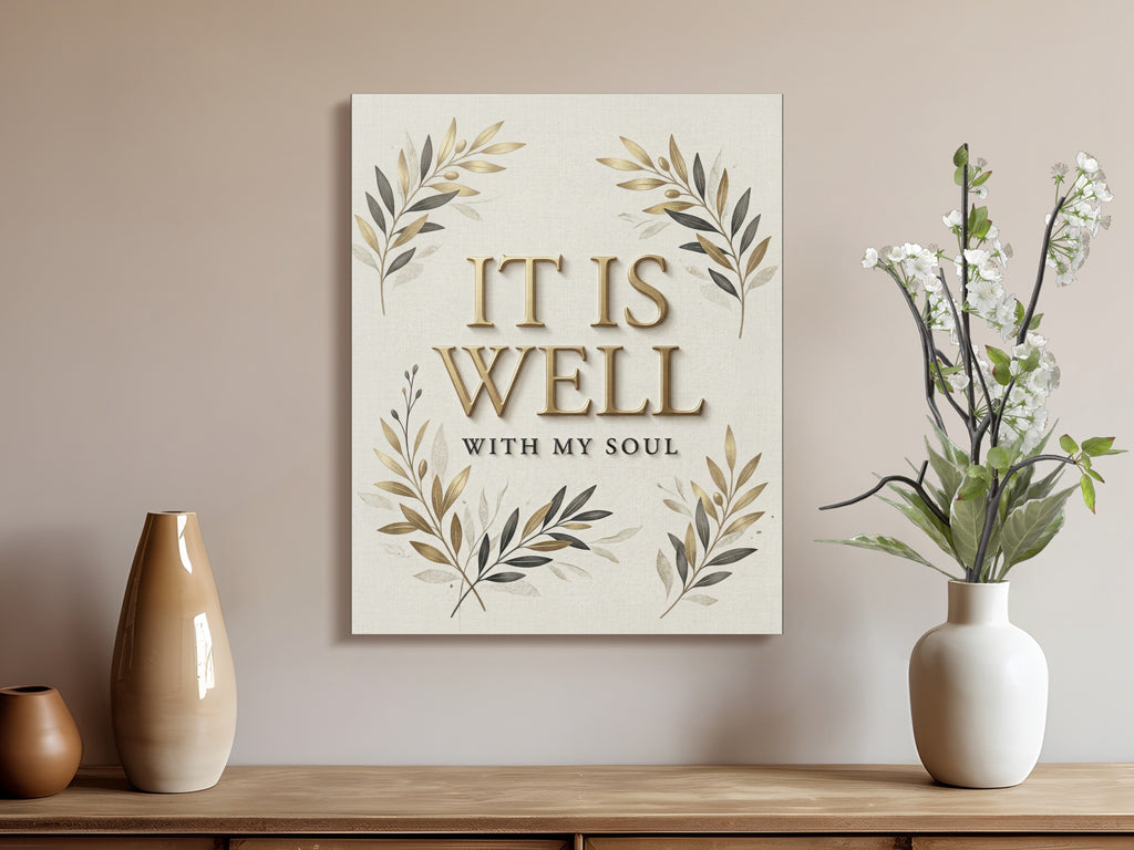 "It is Well With My Soul" canvas art with floral accents.