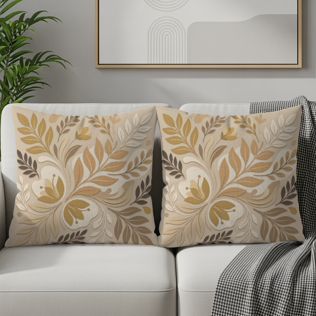 Two decorative throw pillows with a beige floral and leaf pattern on a couch.