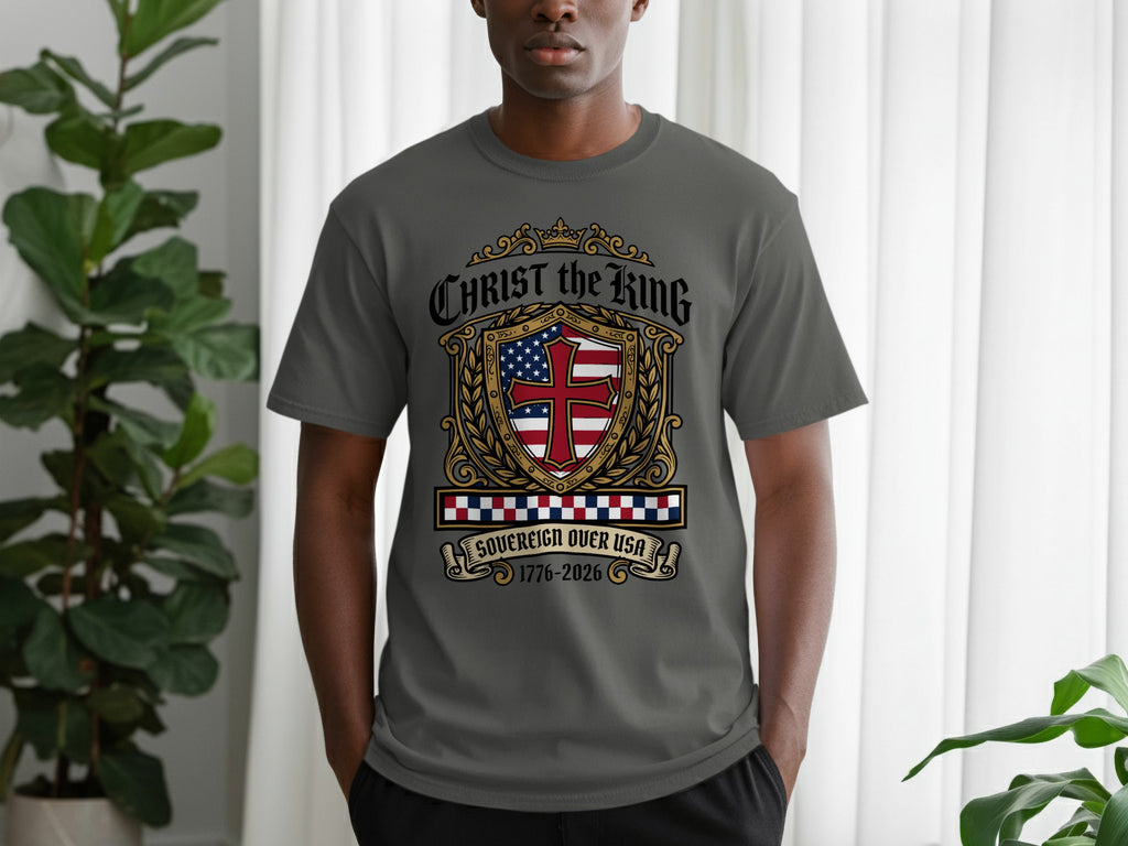 Grey t-shirt with "Christ the King" and shield emblem.