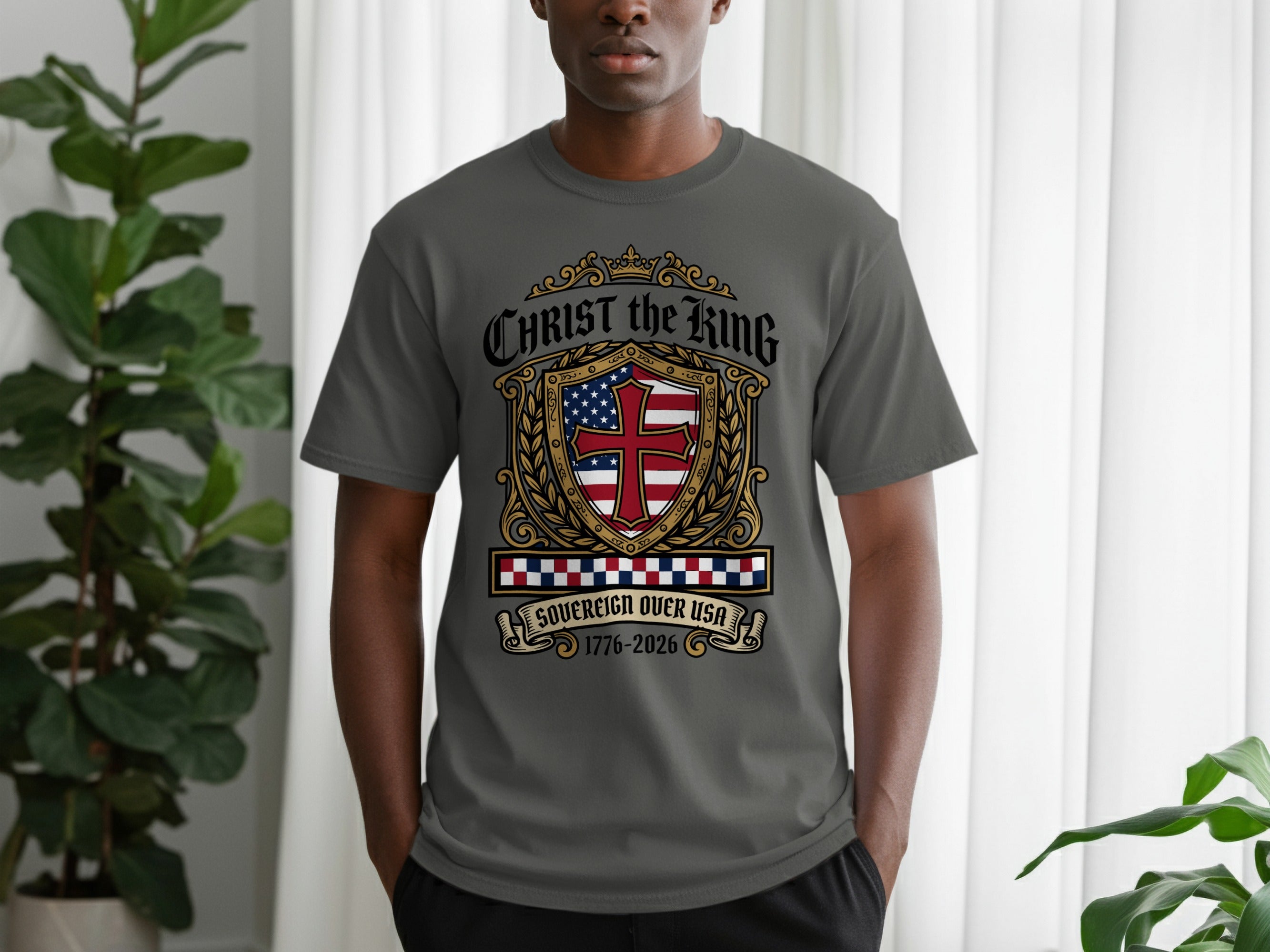 Grey t-shirt with "Christ the King" and shield emblem.
