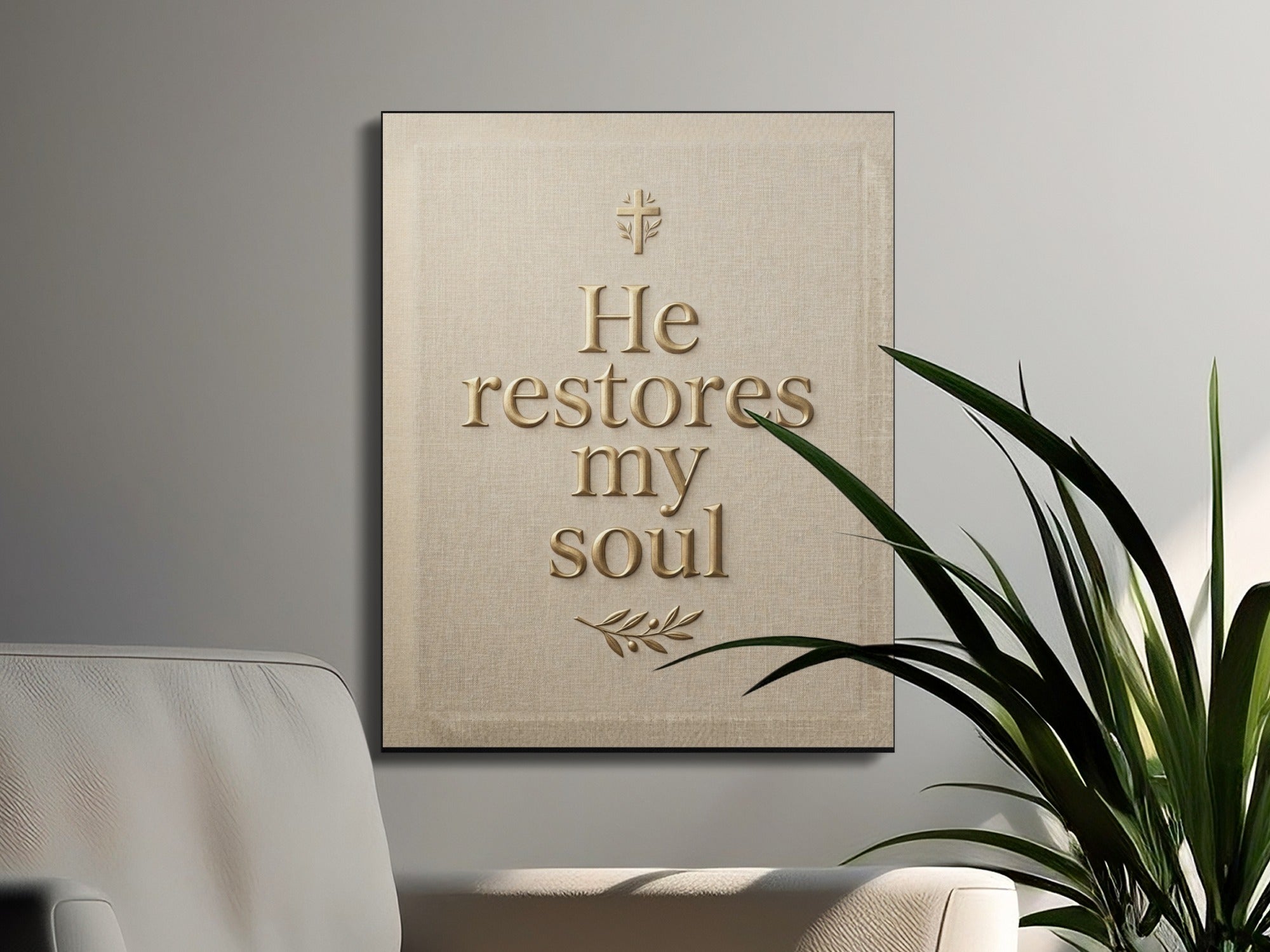 Text art reading "He restores my soul" with a cross and leaves.