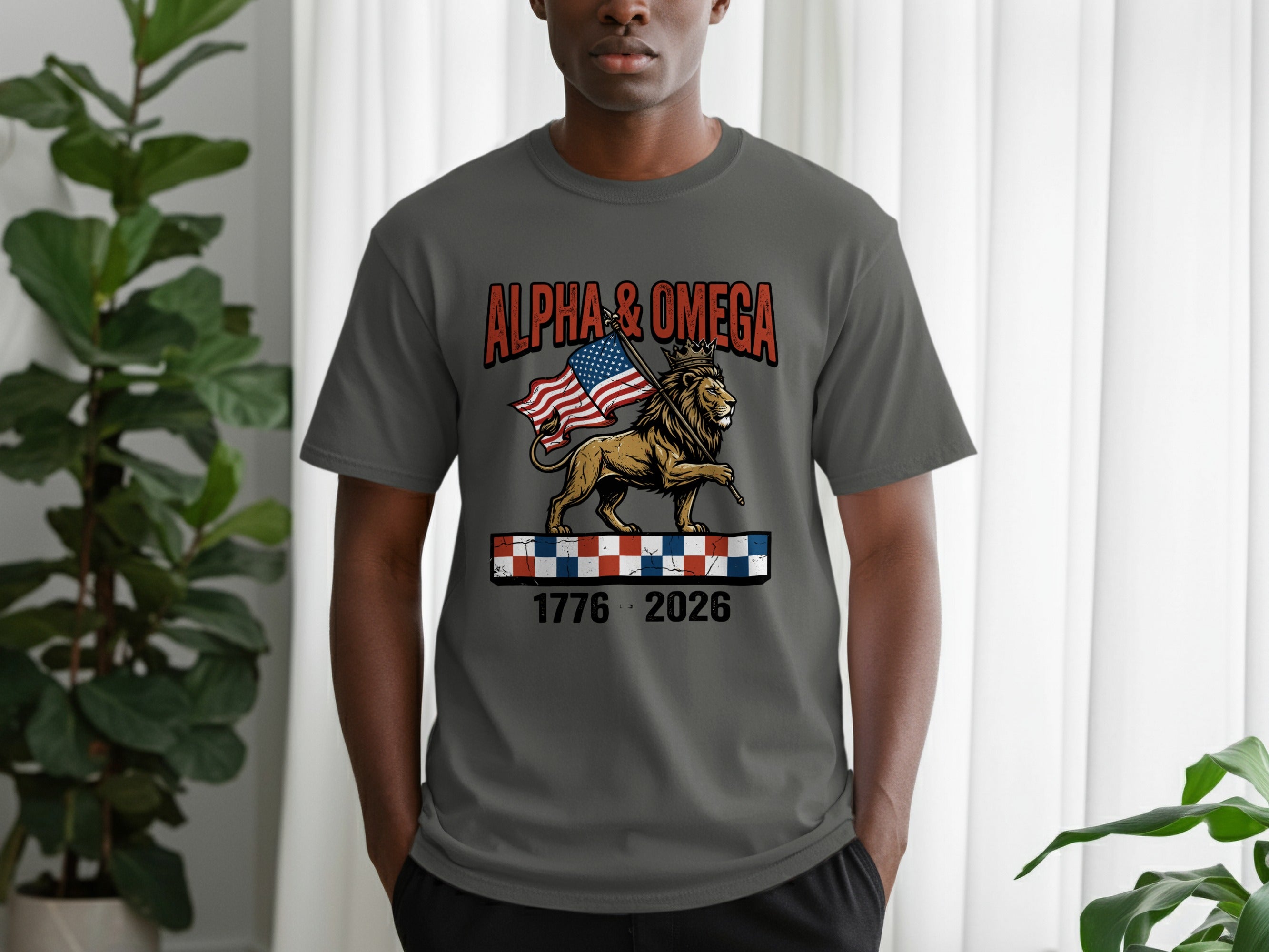 T-shirt with "ALPHA & OMEGA" text, lion, and US flag.