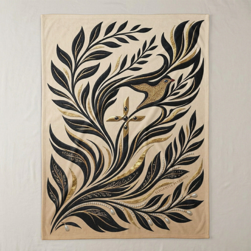 Botanical design with cross and bird on cream blanket.