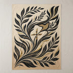 Botanical design with cross and bird on cream blanket.