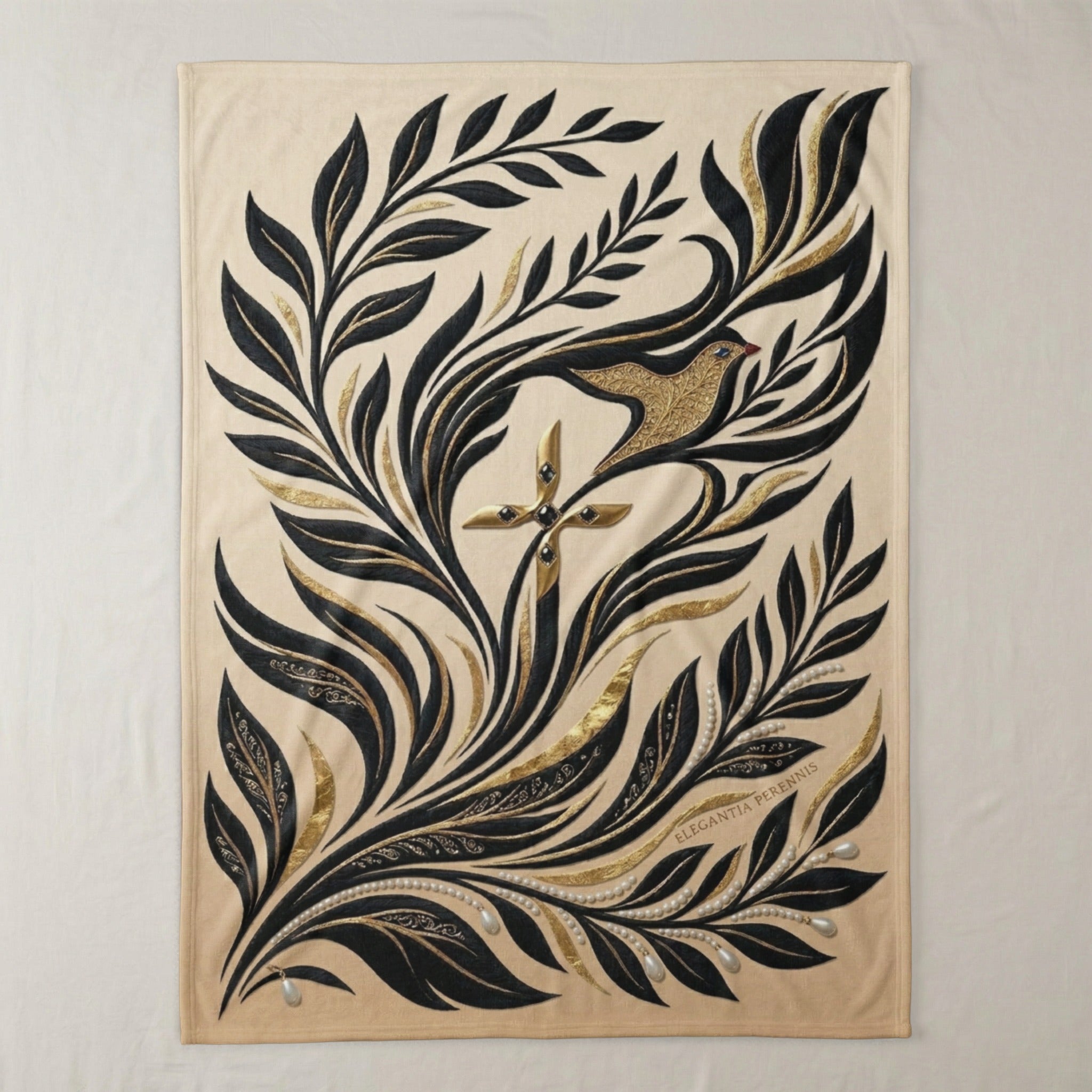 Botanical design with cross and bird on cream blanket.