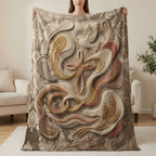 Fleece blanket with a raised embossed design of a cross, dove, wheat, and ornate patterns.