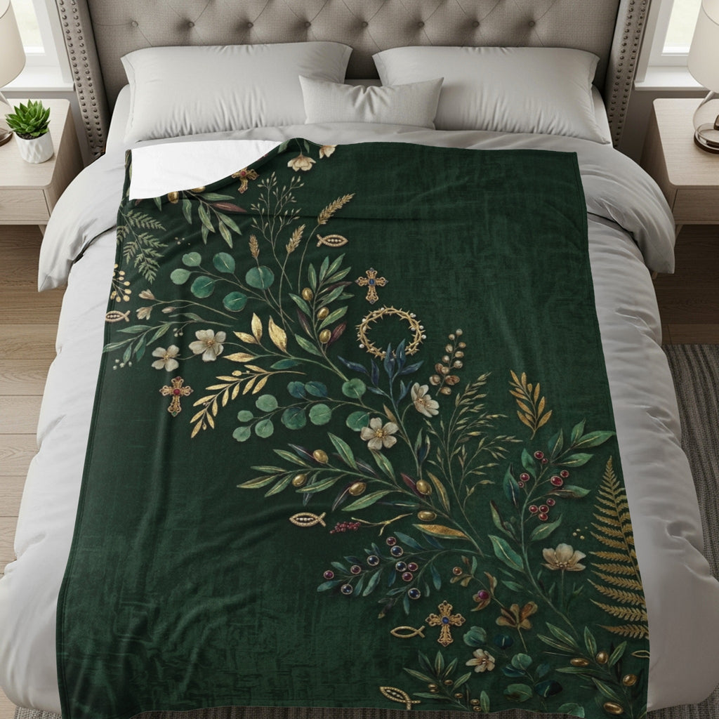 Dark green blanket with a floral and religious motif.