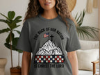 Grey t-shirt with flag on mountain and text "The Rock of Our Nation Is Christ The Lord".