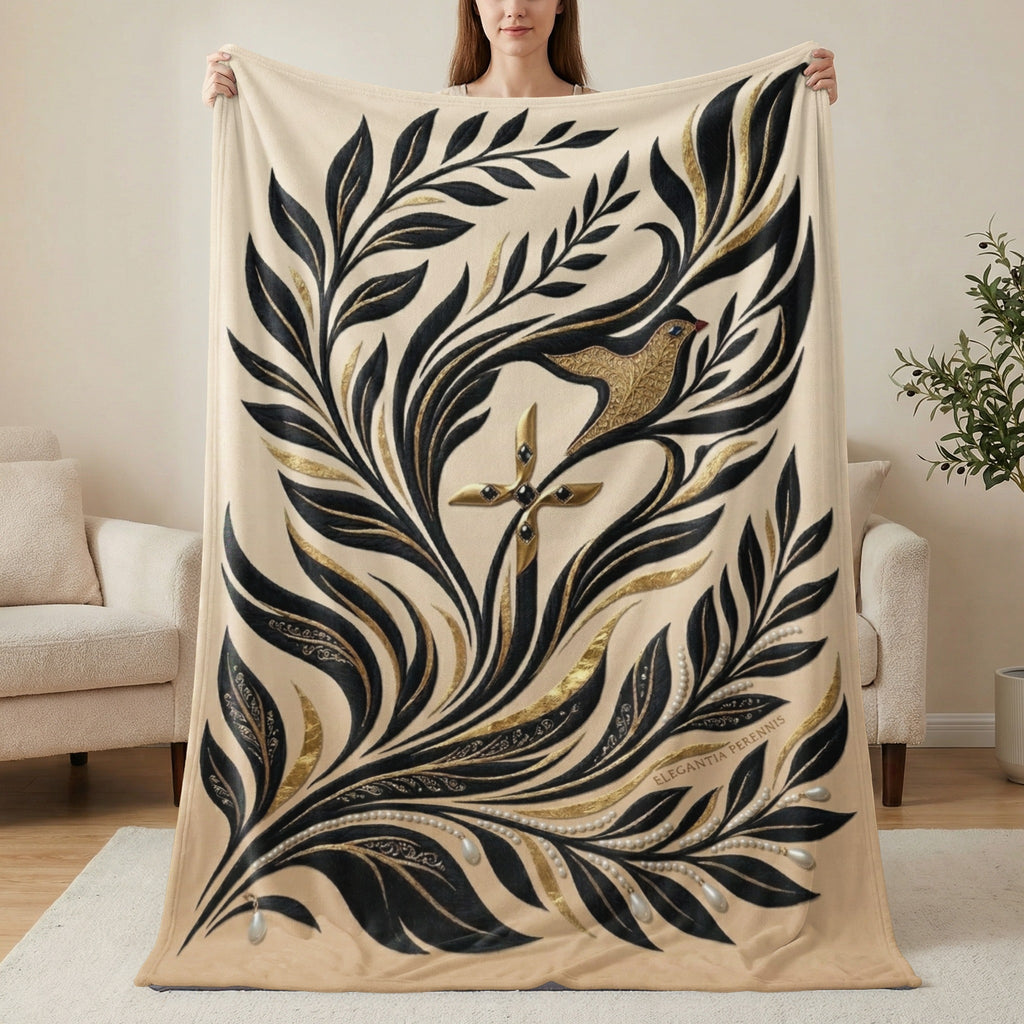 Beige blanket with ornate gold and black floral design and a bird.