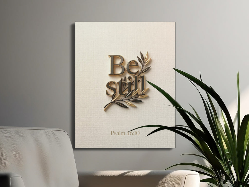 Be still scripture art with olive branch and Psalm 46:10.