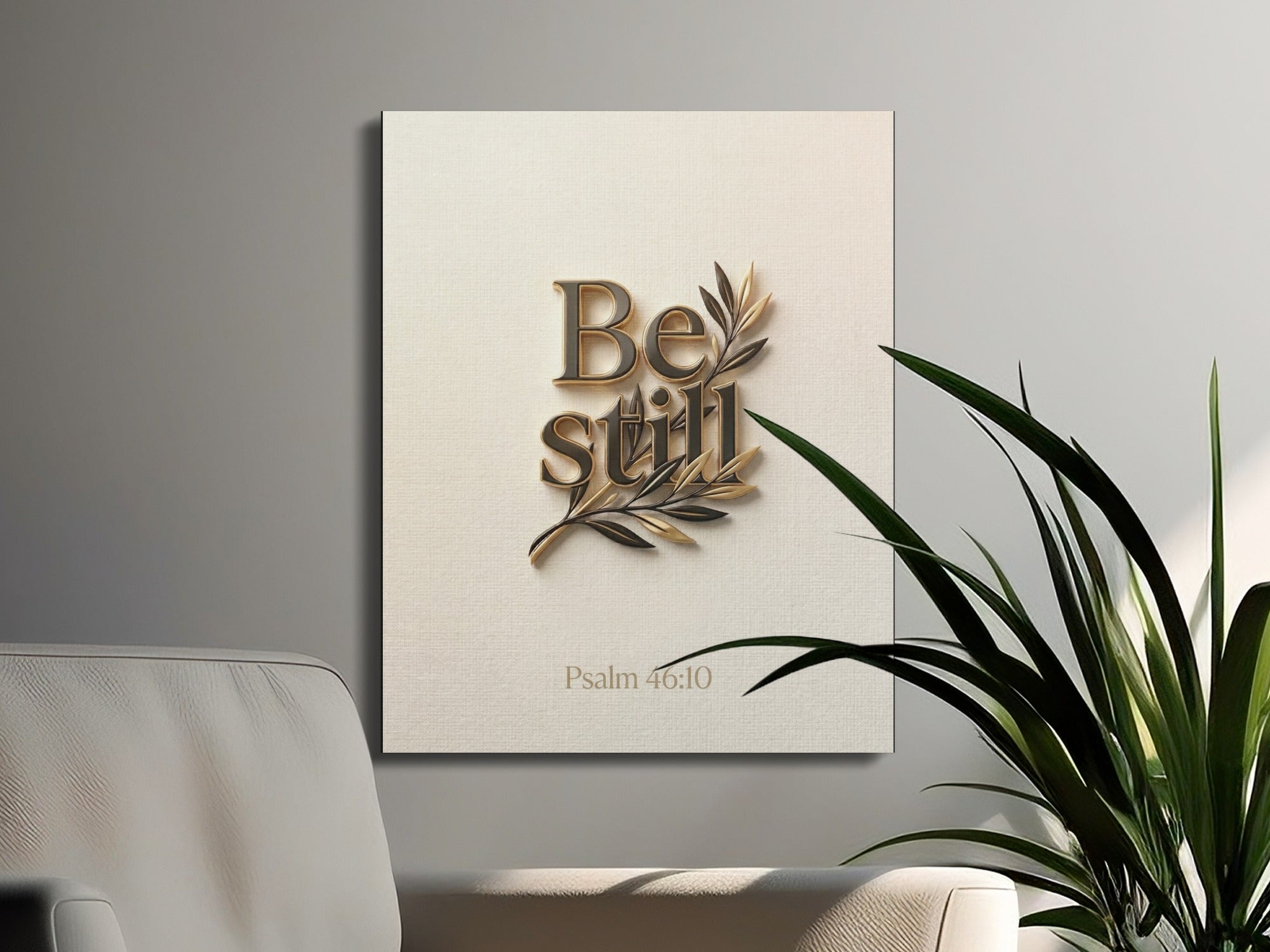 Be still scripture art with olive branch and Psalm 46:10.