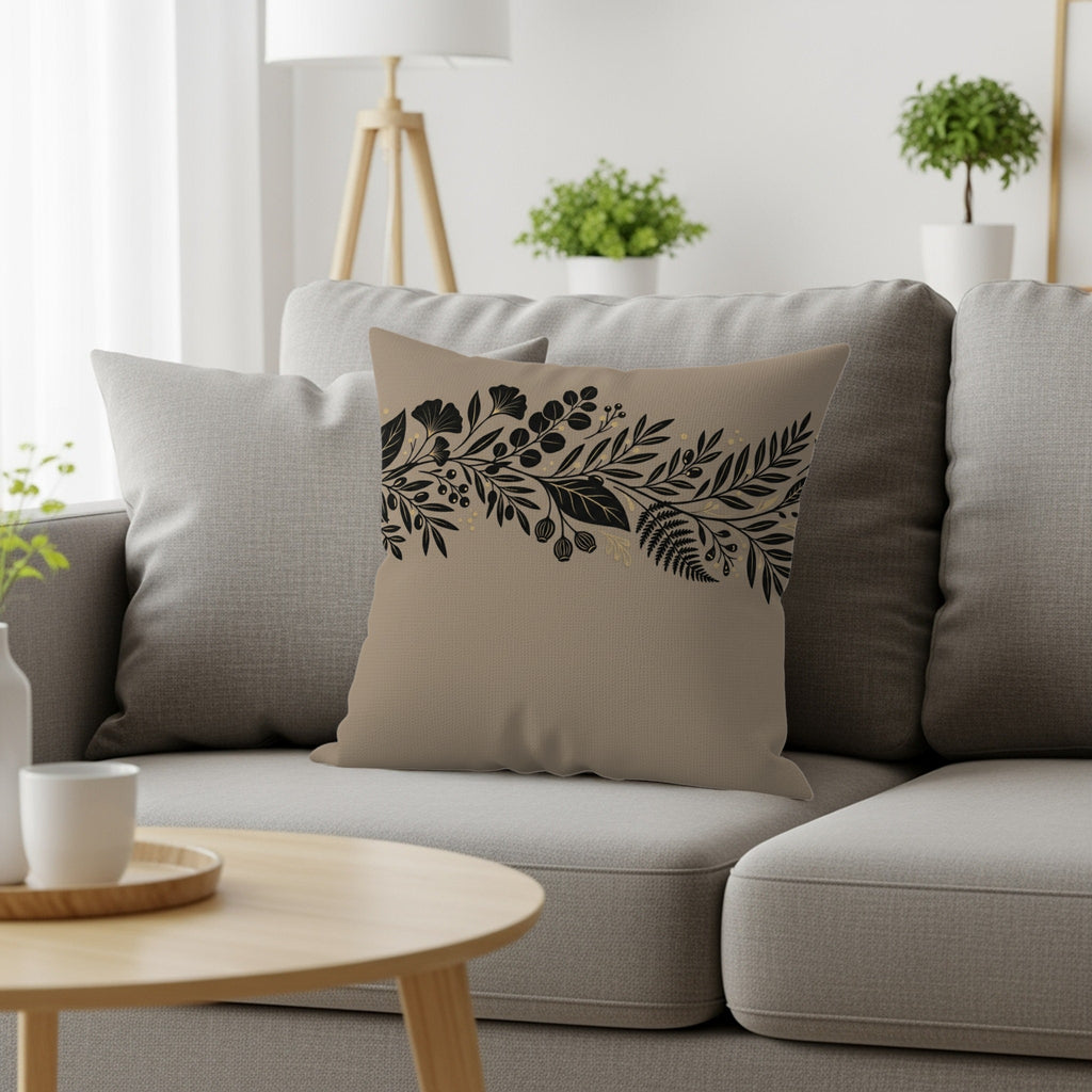 Tan throw pillow with black botanical design on a grey couch.