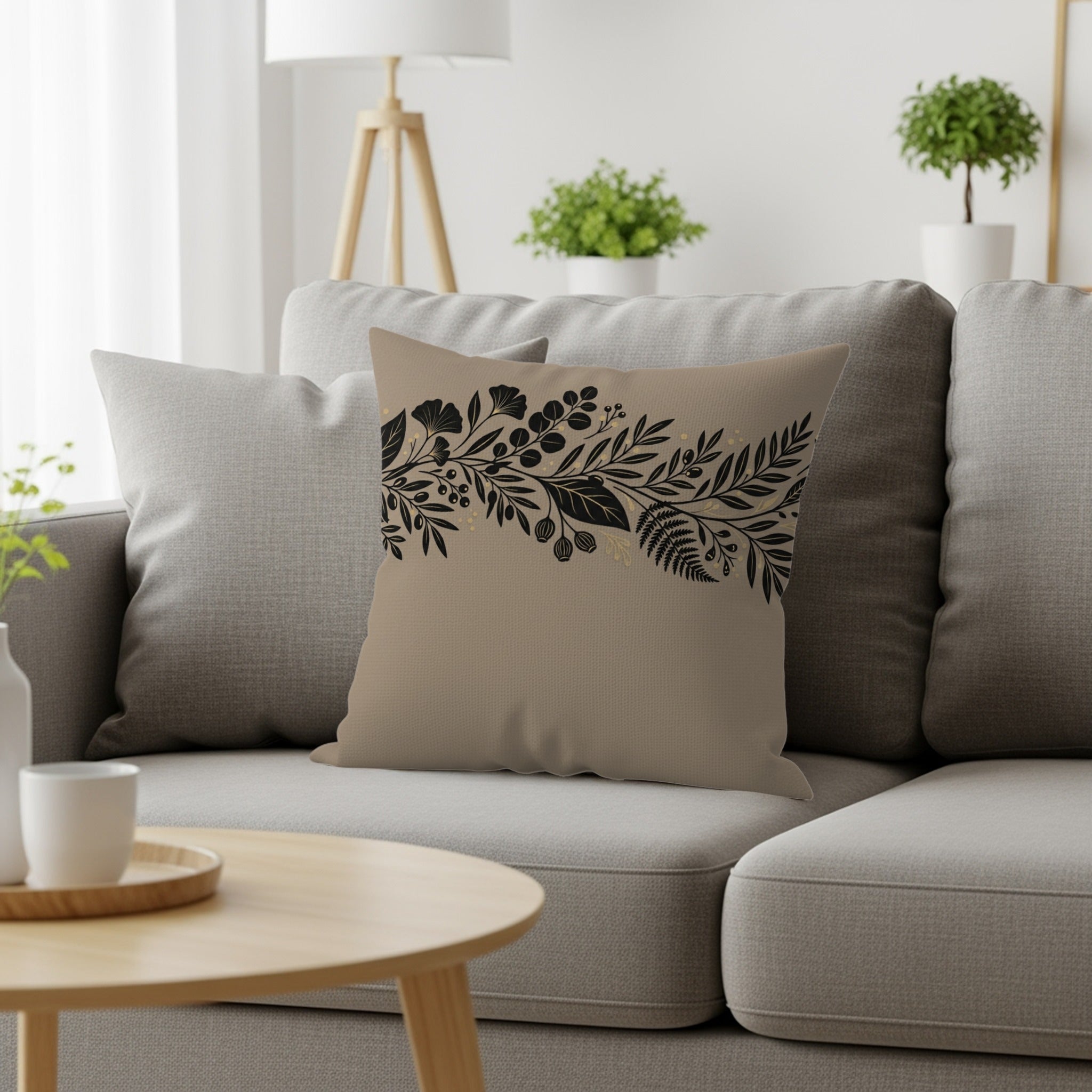 Tan throw pillow with black botanical design on a grey couch.