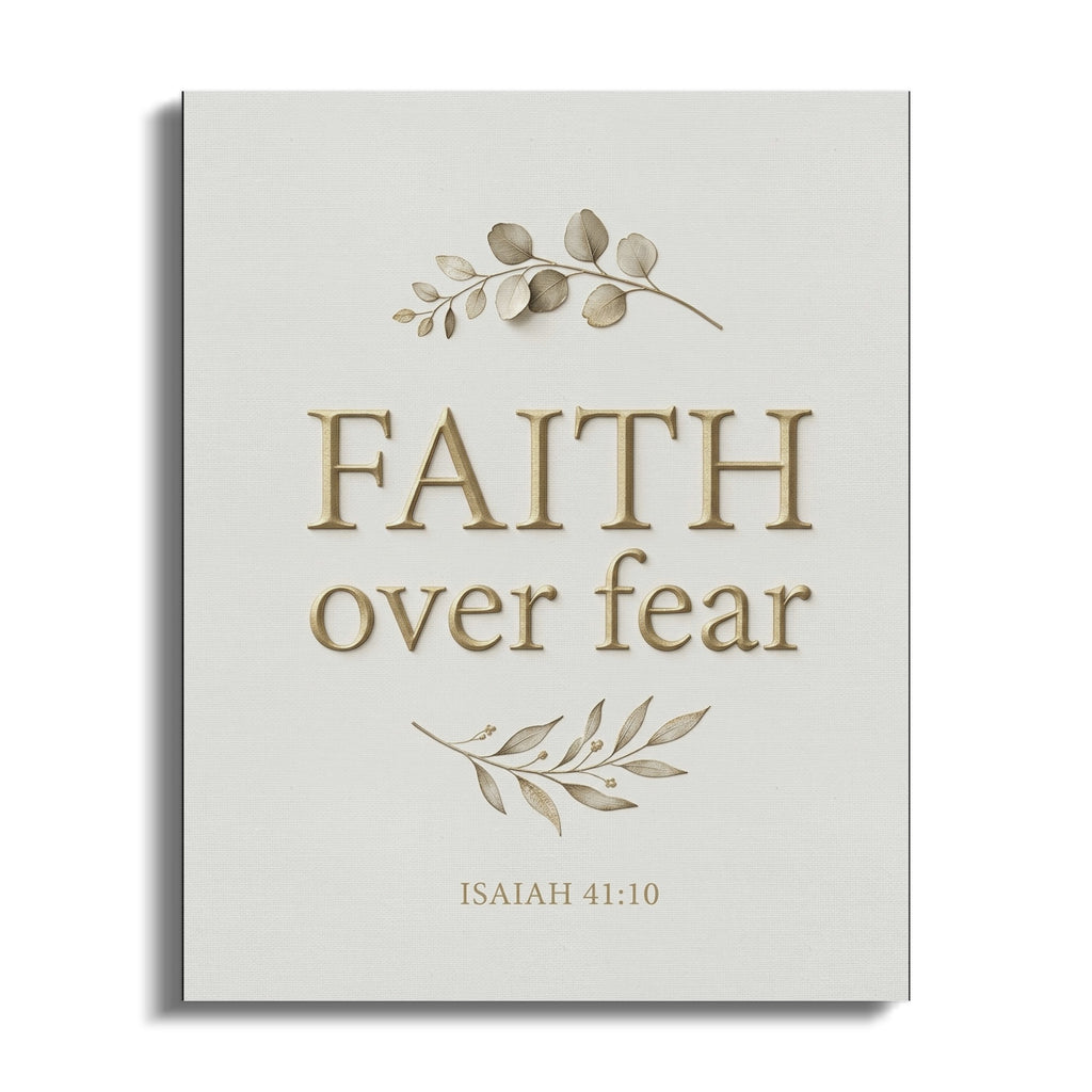 Canvas art with "FAITH over fear" and "ISAIAH 41:10" text, adorned with leaves.