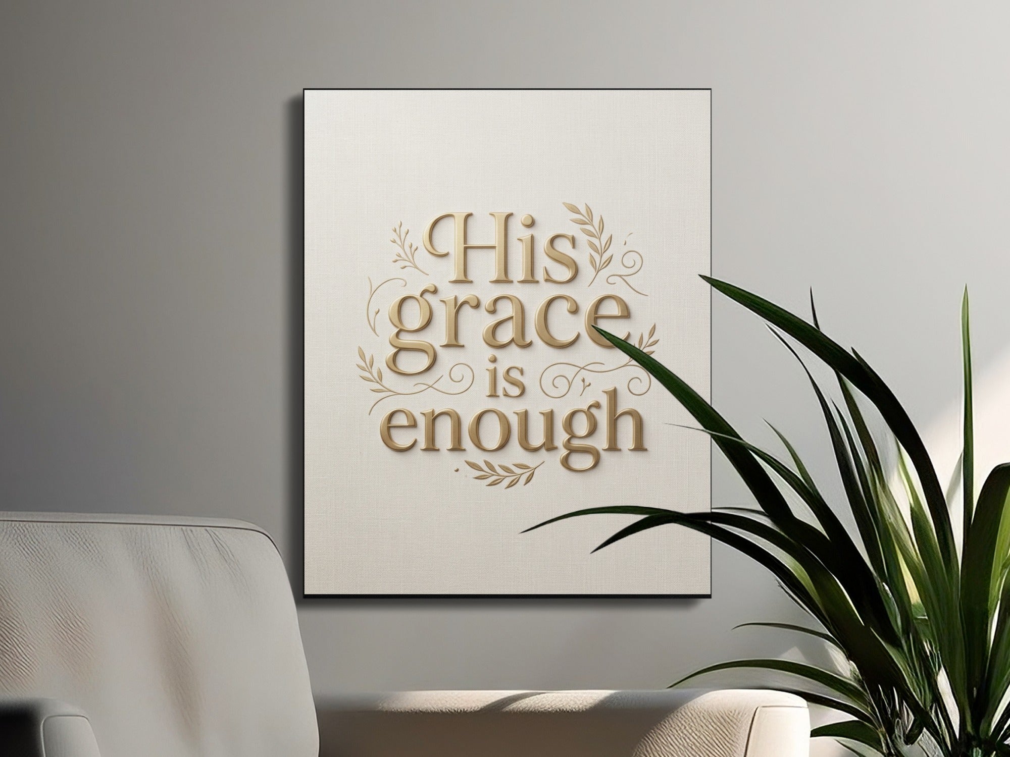 Canvas wall art with gold text "His grace is enough" against a textured cream background.