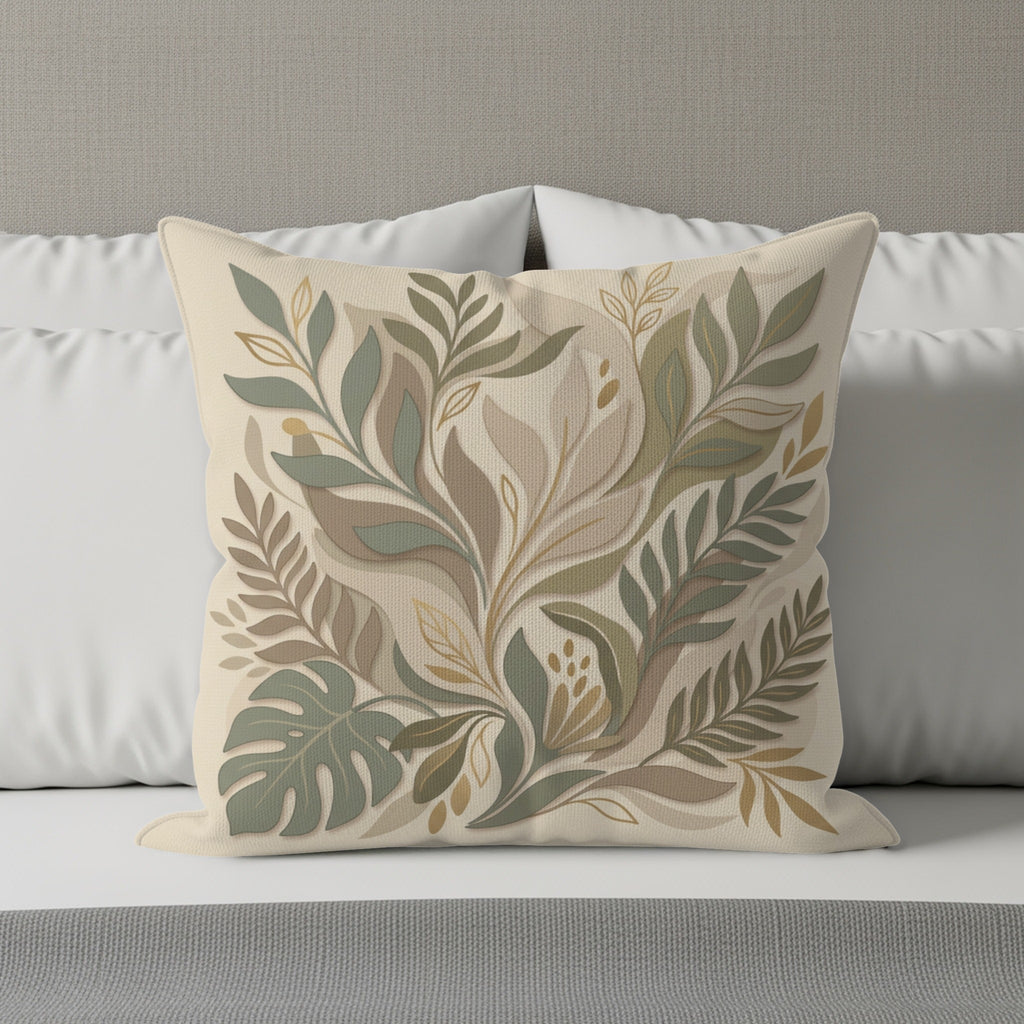 Square throw pillow with a botanical leaf pattern in earthy tones.