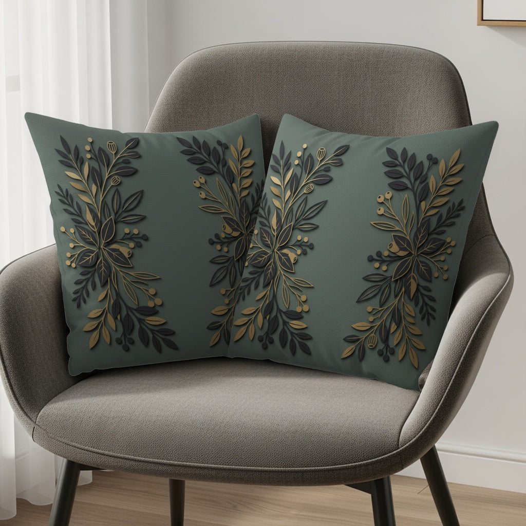 Two gray throw pillows with a gold and dark green floral design on a gray chair.