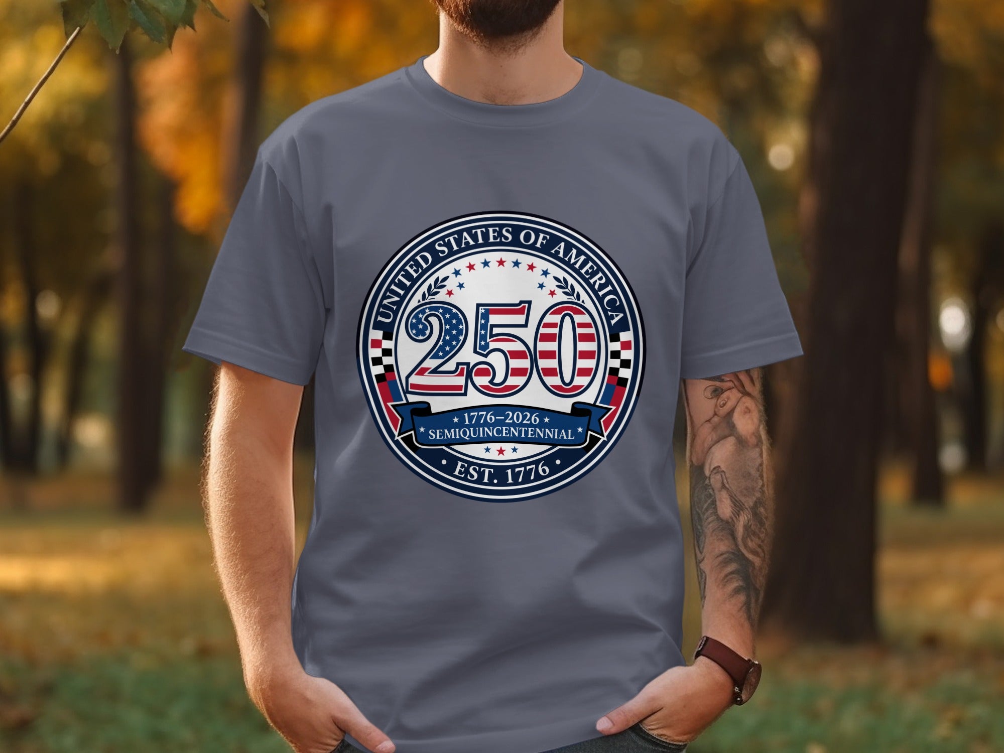 Gray t-shirt with "United States of America 250 Semiquincentennial" circular logo.