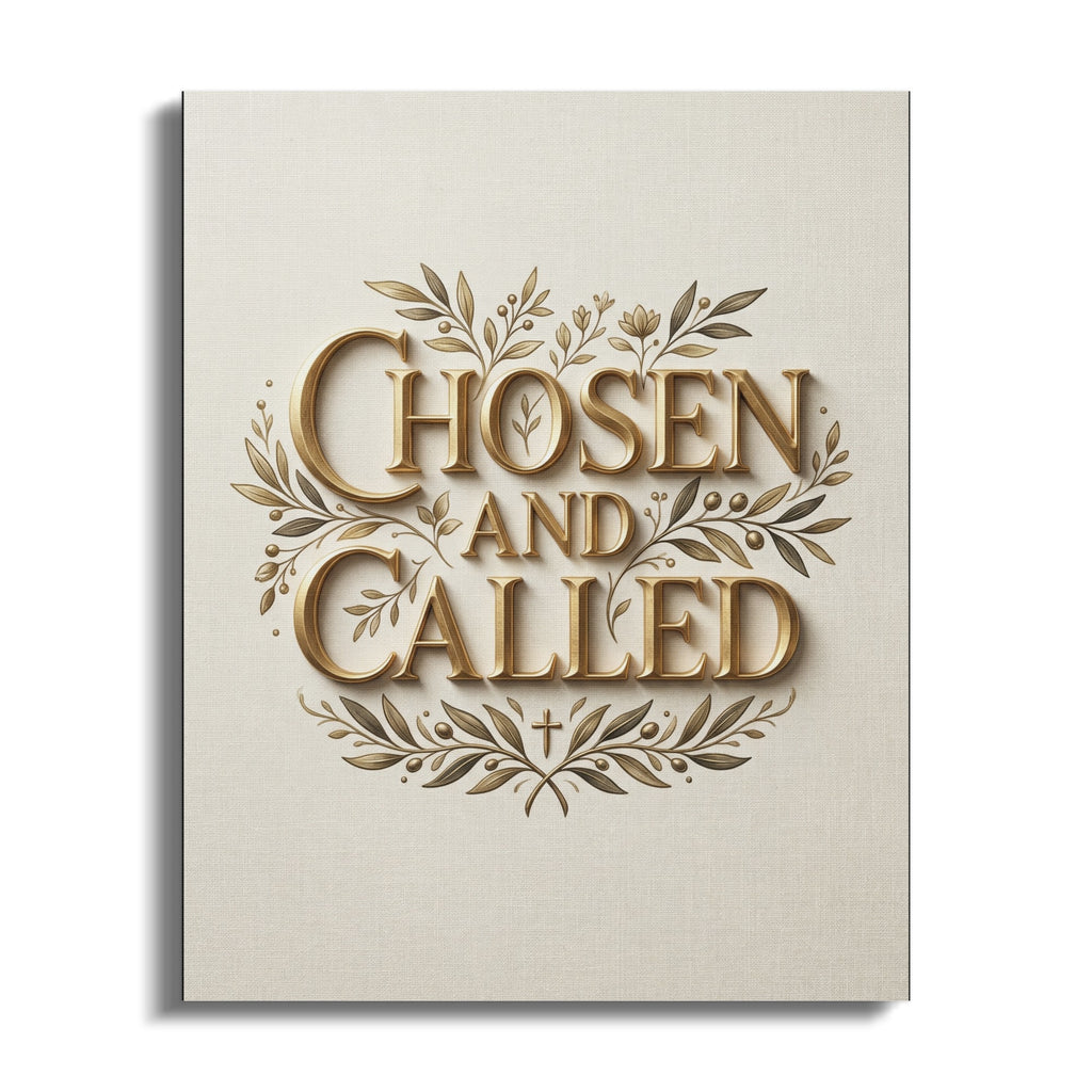 Gold embossed text "Chosen and Called" with olive branches on textured canvas background.