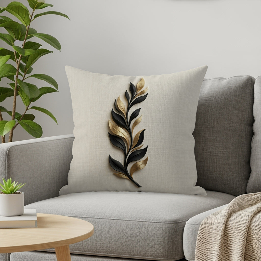 Cream cushion with black and gold abstract leaf design on sofa.