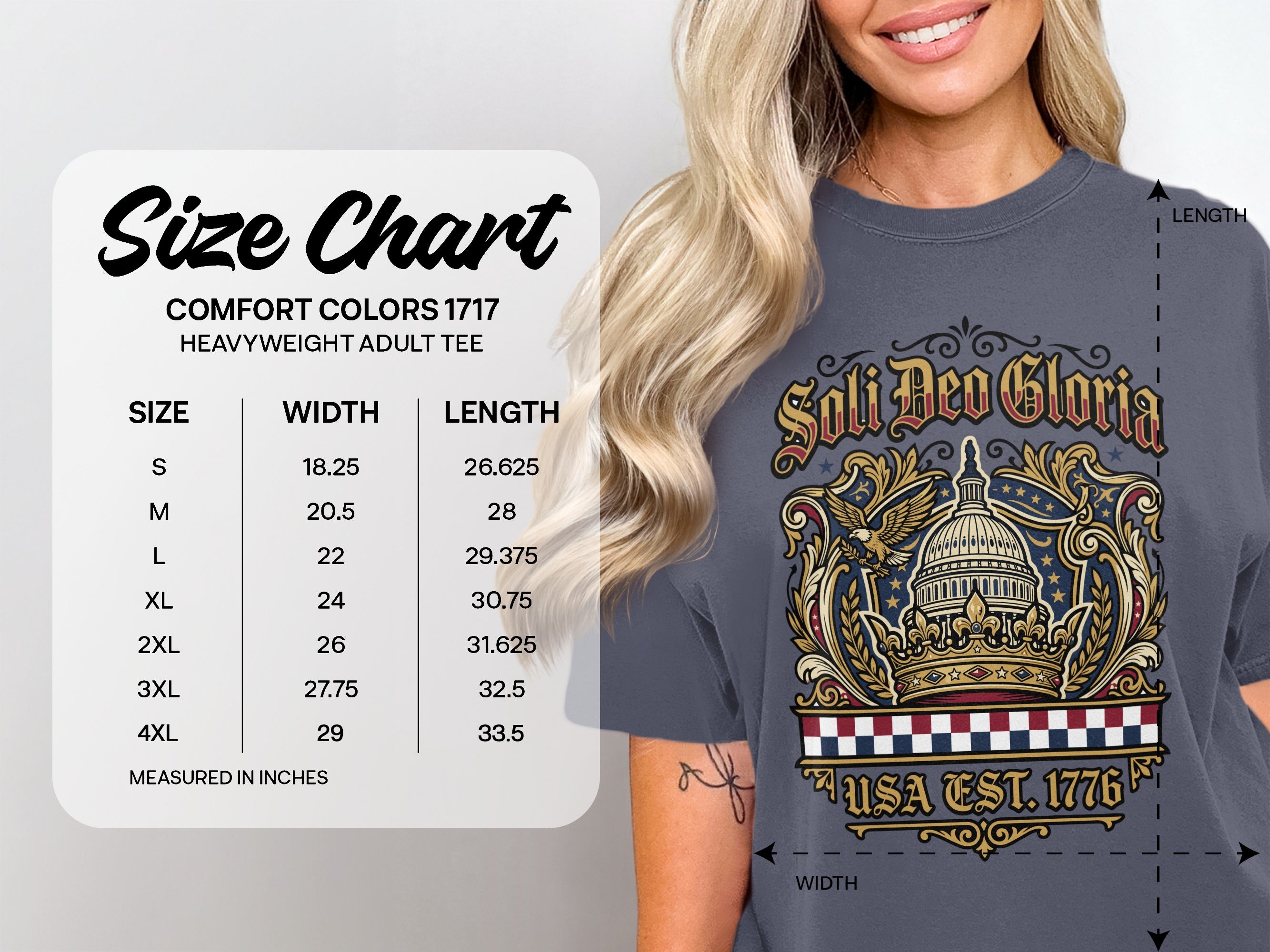Comfort Colors size chart for heavyweight adult tee with USA EST. 1776 graphic.
